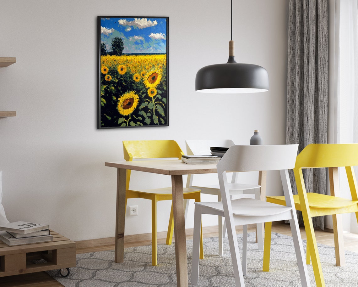 Vast Sunflower Field Under a Bright Blue Summer Sky Oil Style Poster - Image 2