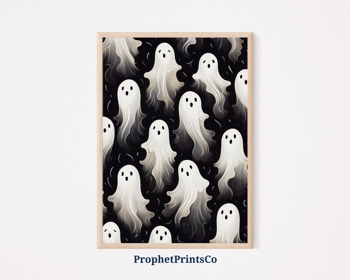 White Ghosts Floating Pattern On Black Cute Halloween Poster