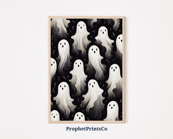 White Ghosts Floating Pattern On Black Cute Halloween Poster
