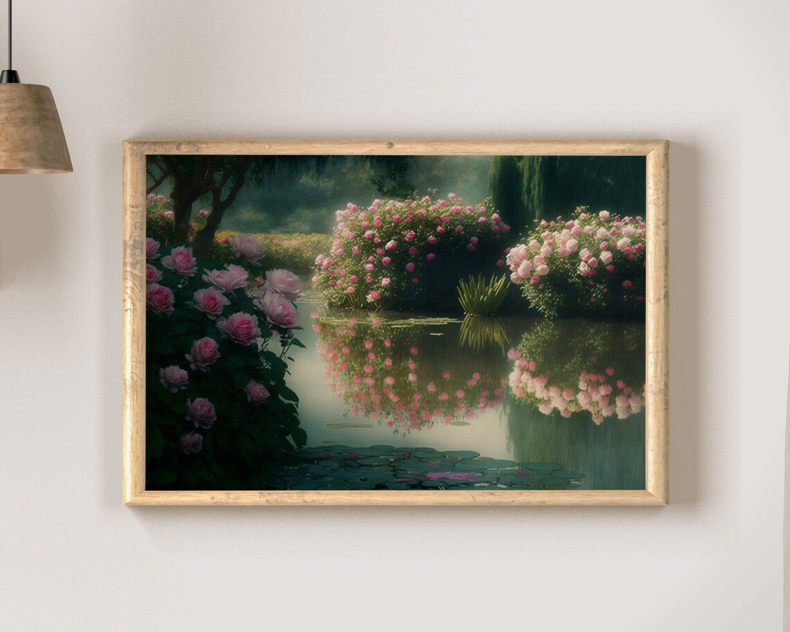 Dark Romantic Rose Garden Over Lily Pond Vintage Floral Poster - Image 2