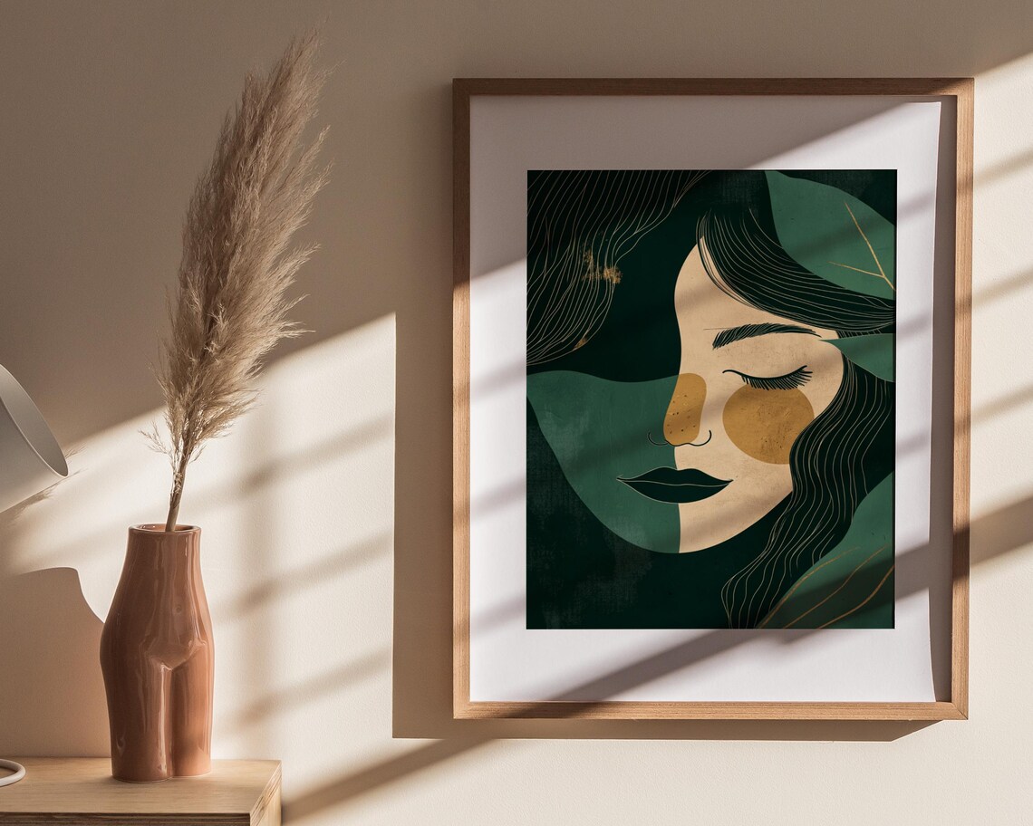 Abstract Woman Face Gold Green Botanical Modern Elegant Portrait Poster - Image 3