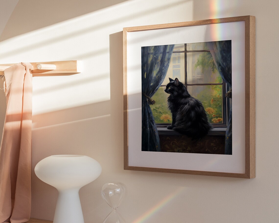 Black Cat By Window Blue Curtains Vintage Cat Painting Poster - Image 3