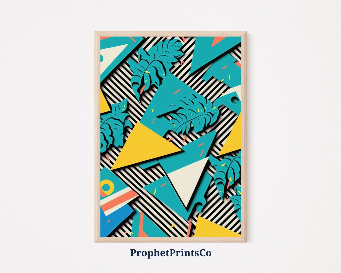80s Memphis Style Teal Leaves and Bold Triangles Pattern Retro Print