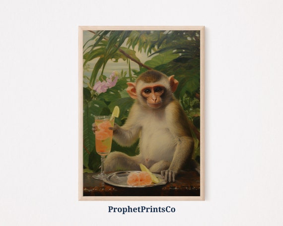 Monkey Cocktail Print Monkey Gentleman Print Retro Wall Art Cute Preppy Apartment Wall Art Wall Art