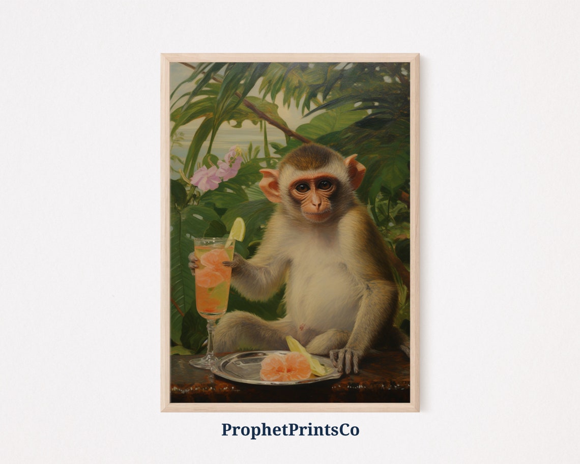 Monkey Cocktail Print Monkey Gentleman Print Retro Wall Art Cute Preppy Apartment Wall Art Wall Art