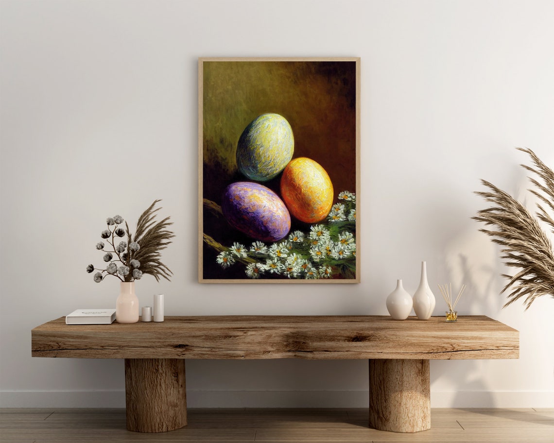 Three Colorful Easter Eggs With White Daisies Still Life Poster - Image 3