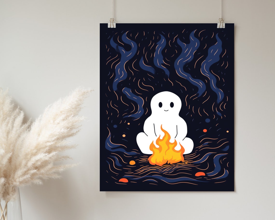 Cute Ghost Warming Hands Over Campfire Night Forest Art Poster - Image 2