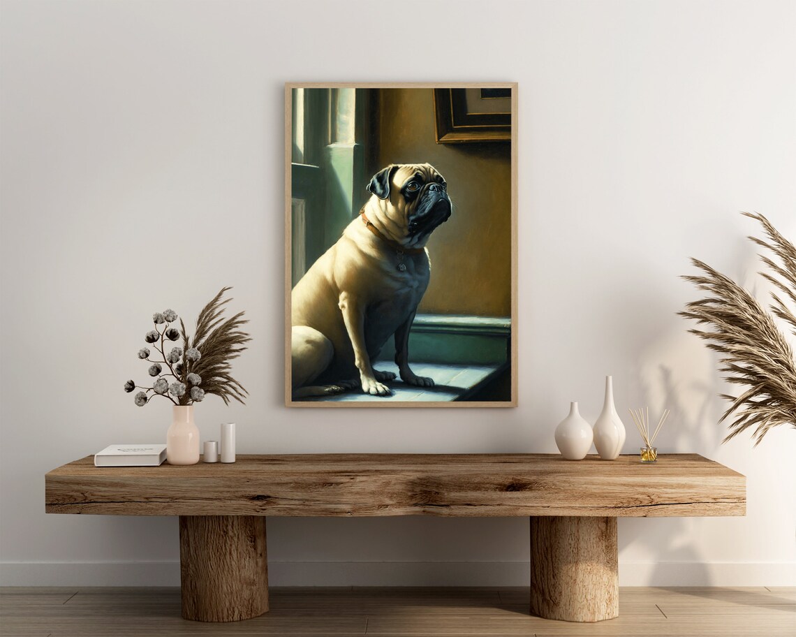 Pug Oil Painting Antique Style Sitting By Window Warm Light Art Poster - Image 3
