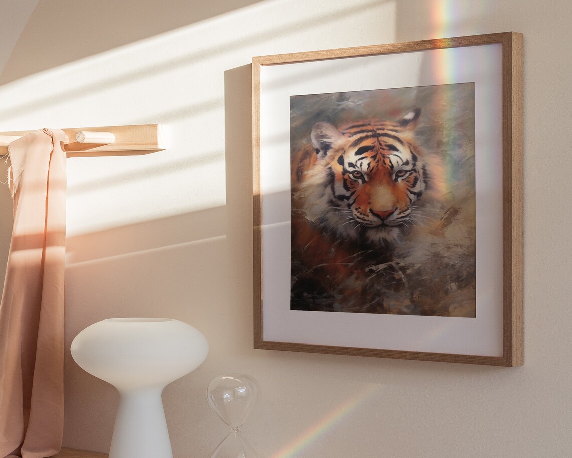 Majestic Tiger Face Close Up Amber Oil Painting Style Poster - Image 3