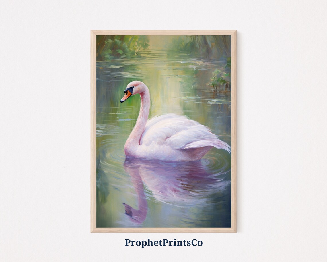 White Swan Green Pond Soft Pastel Classical Oil Painting Poster