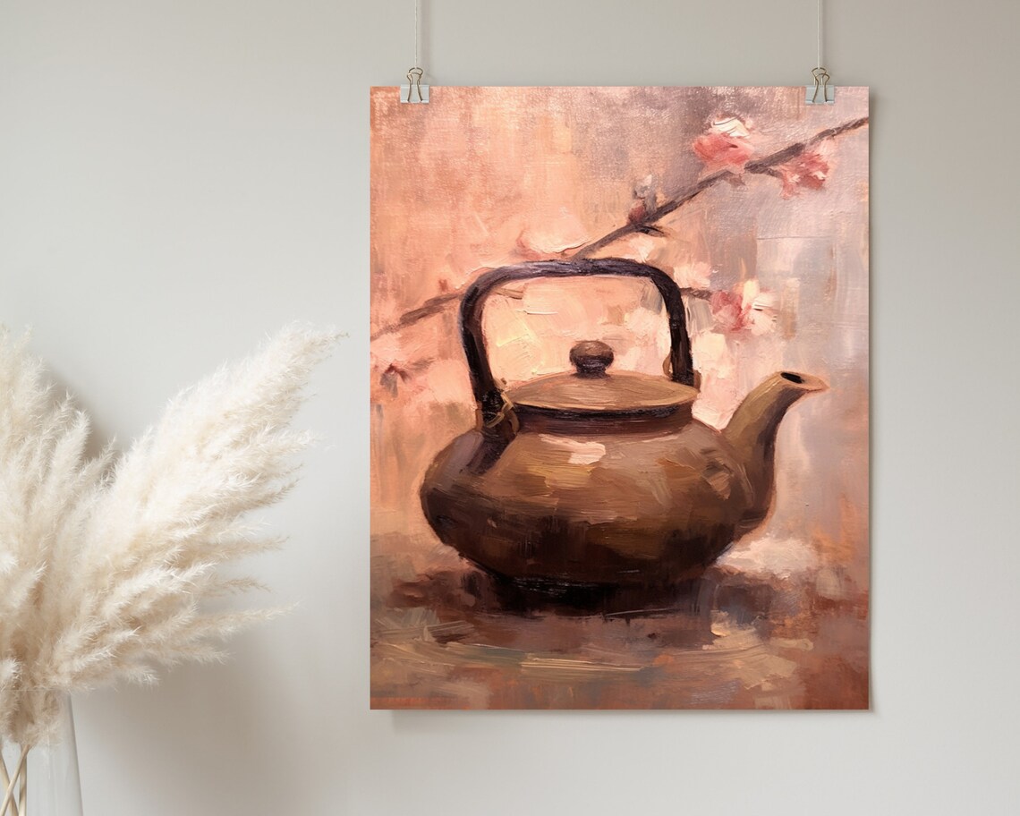 Bronze Kettle Cherry Blossom Still Life Warm Tonal Oil Painting Poster - Image 2