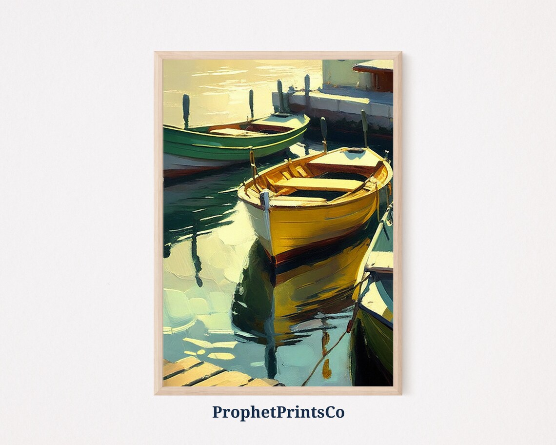 Golden Rowboat Reflection Harbor Boats Impressionist Nautical Art Poster