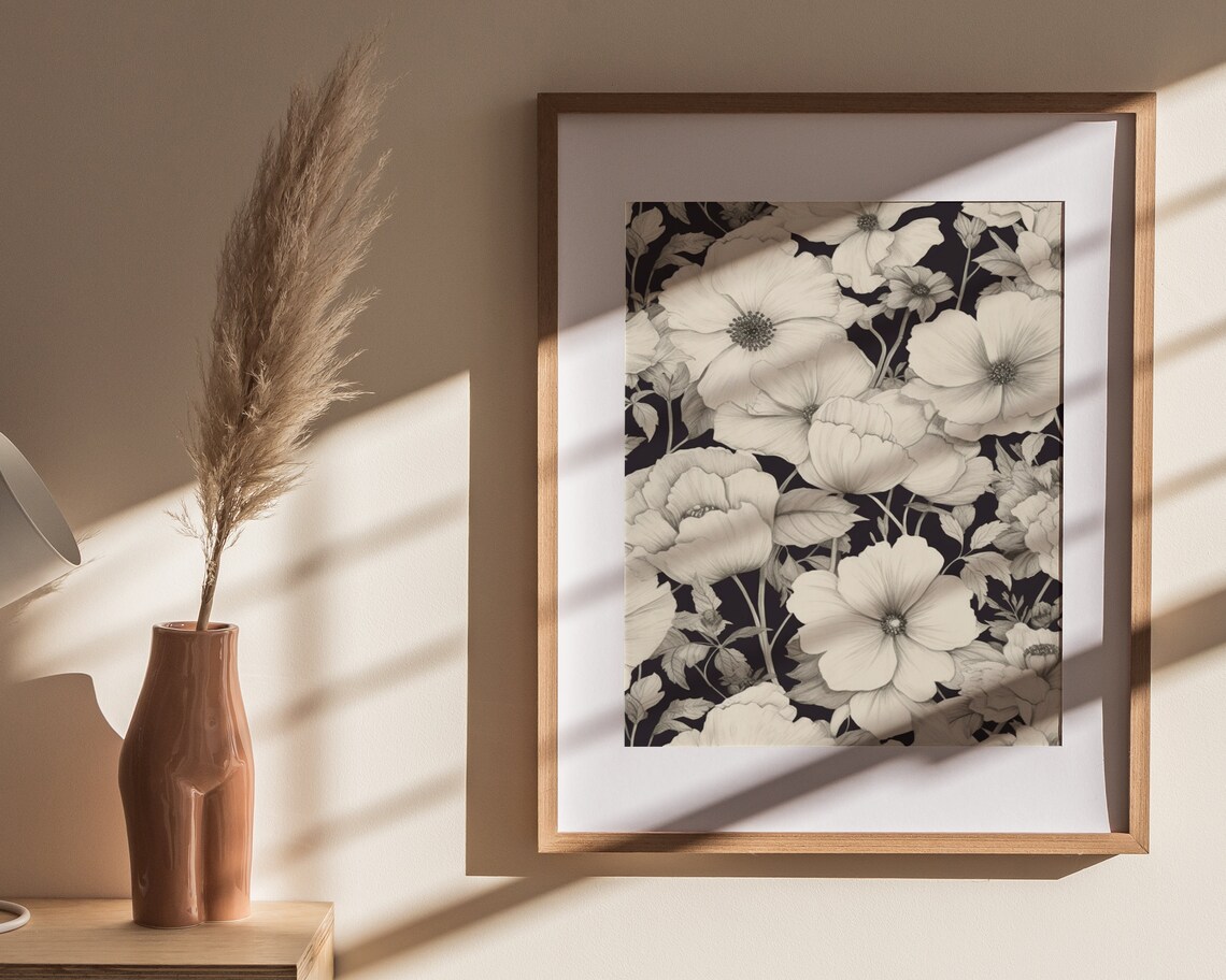 White Poppy Blooms on Black Vintage Botanical Sketch Art Poster - Image 4