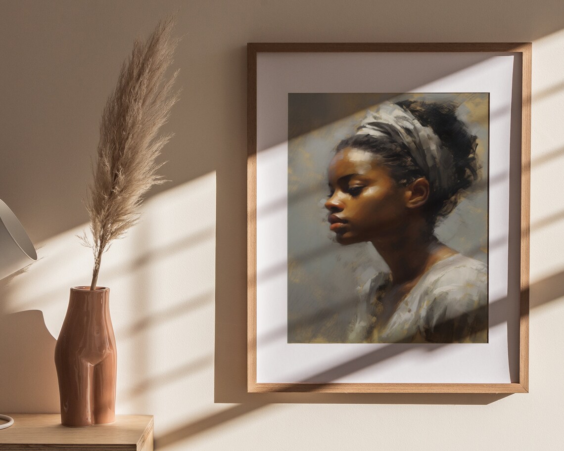 Black Woman Profile Silver Headband Soft Glow Oil Painting Poster - Image 4