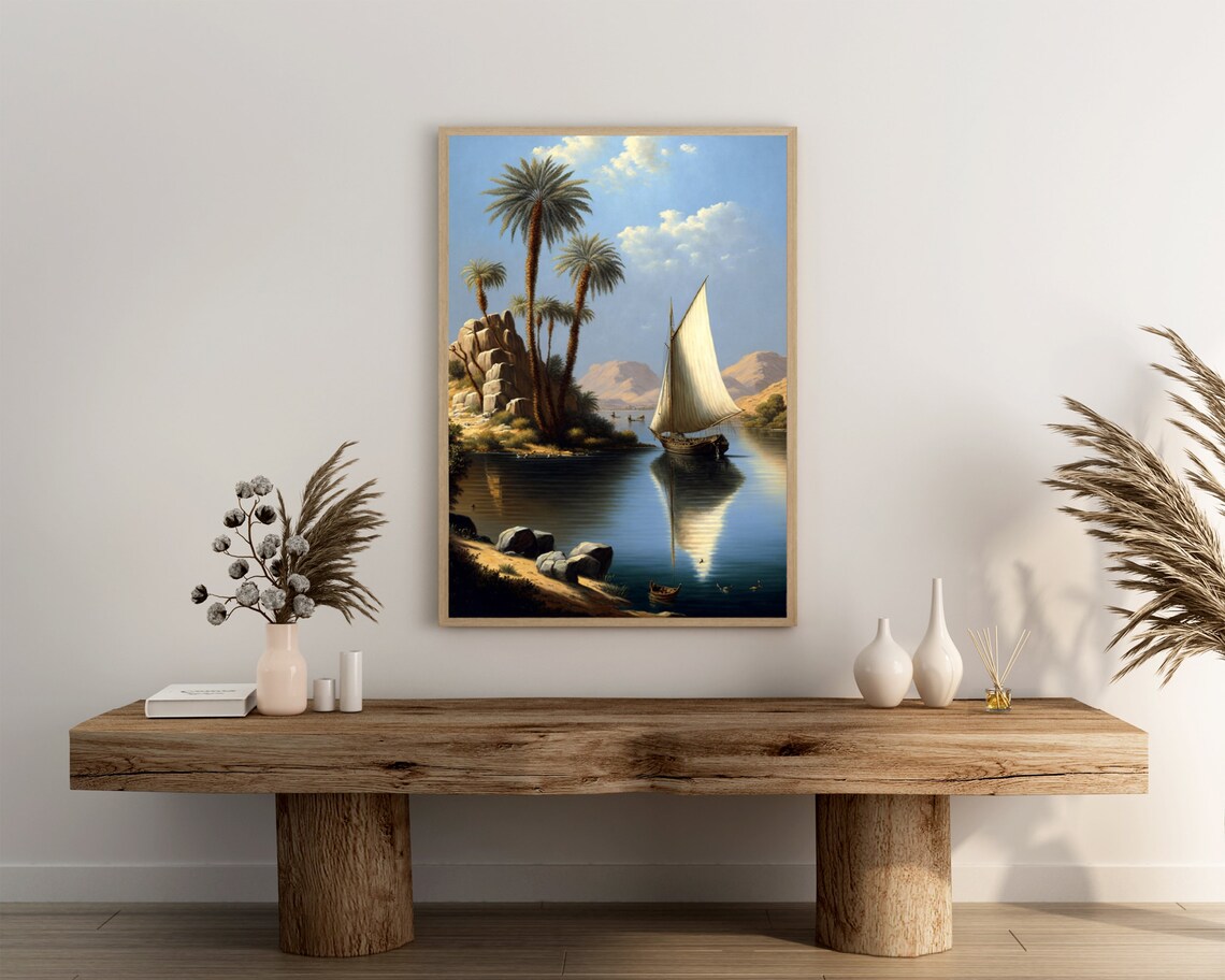 Nile Felucca Sailboat Calm Water Palm Island Mountain Poster - Image 3