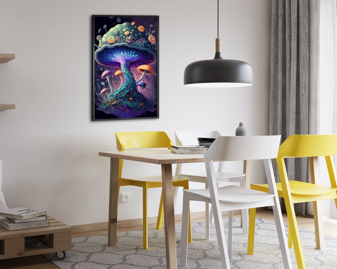 Neon Blue Trippy Mushroom With Cosmic Spotted Cap Psychedelic Poster - Image 2