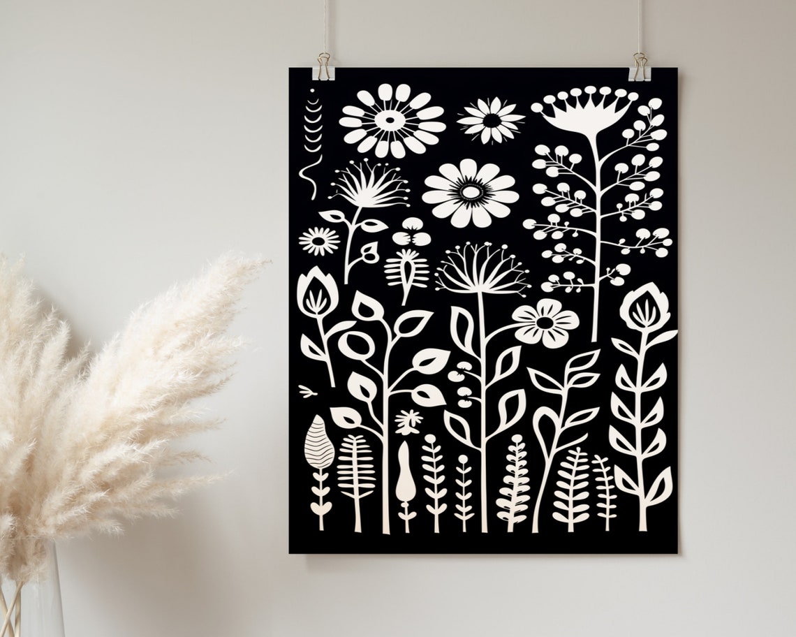 Black And White Botanical Wildflower Meadow Floral Pattern Poster - Image 2