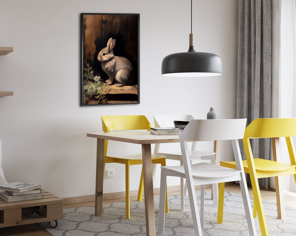 Small Grey Bunny Sitting in a Dark Wooden Shed Oil Painting Poster - Image 2
