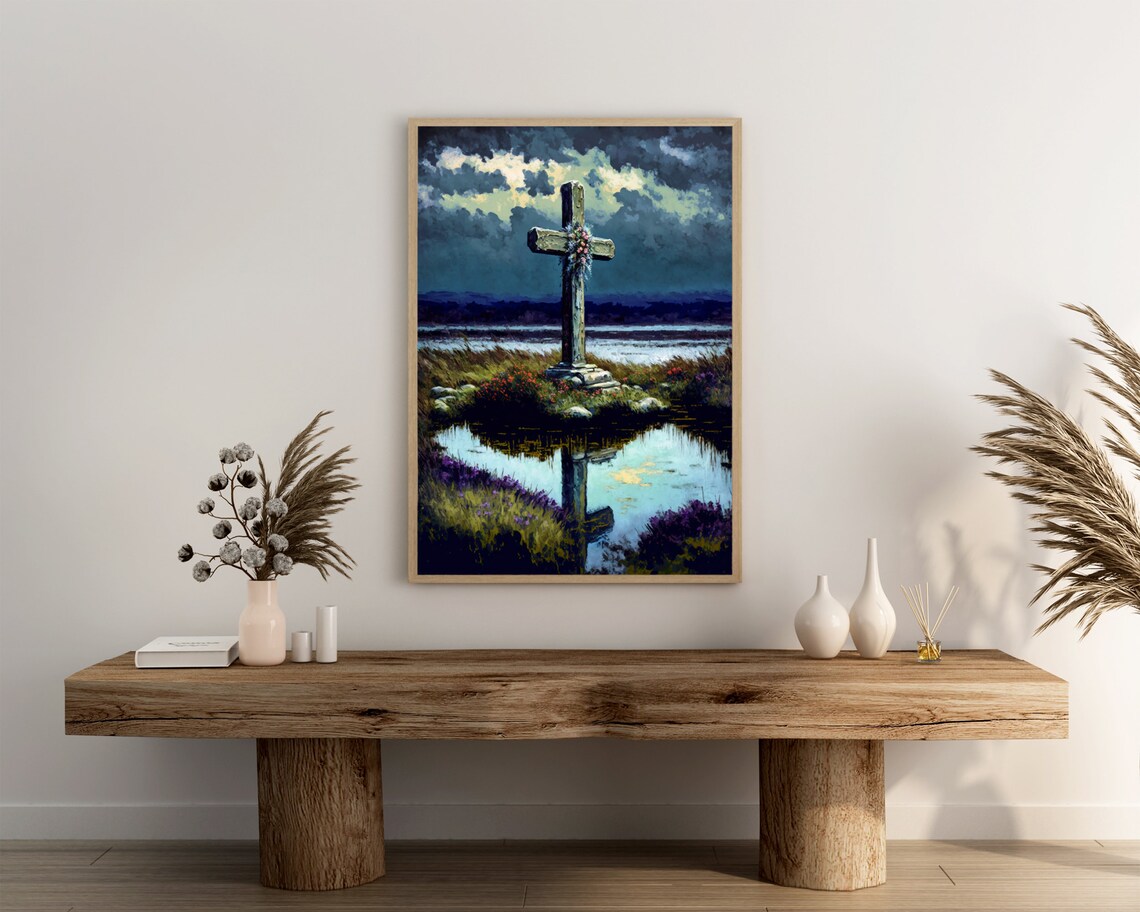 Stone Cross Reflected in Marsh Pond Under Stormy Sky Art Poster - Image 3