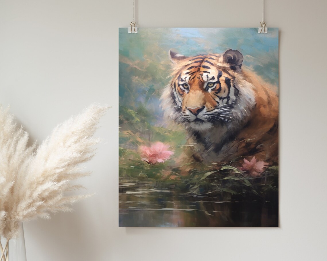 Wild Tiger at Water Edge Pink Flowers Jungle Oil Painting Poster - Image 2