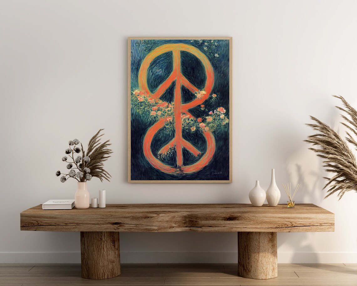 Fiery Orange Peace Sign Blooming Flowers Dark Night Oil Art Poster - Image 3