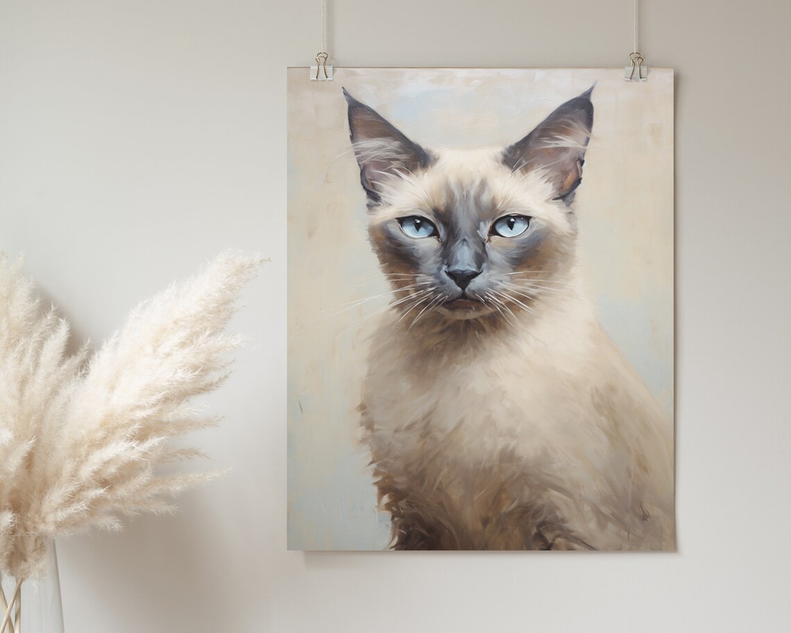 Siamese Cat Blue Eyes Portrait Oil Painting Cat Lover Wall Poster - Image 2