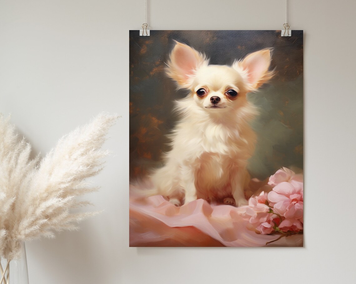 White Chihuahua With Pink Roses Elegant Floral Dog Portrait Poster - Image 2