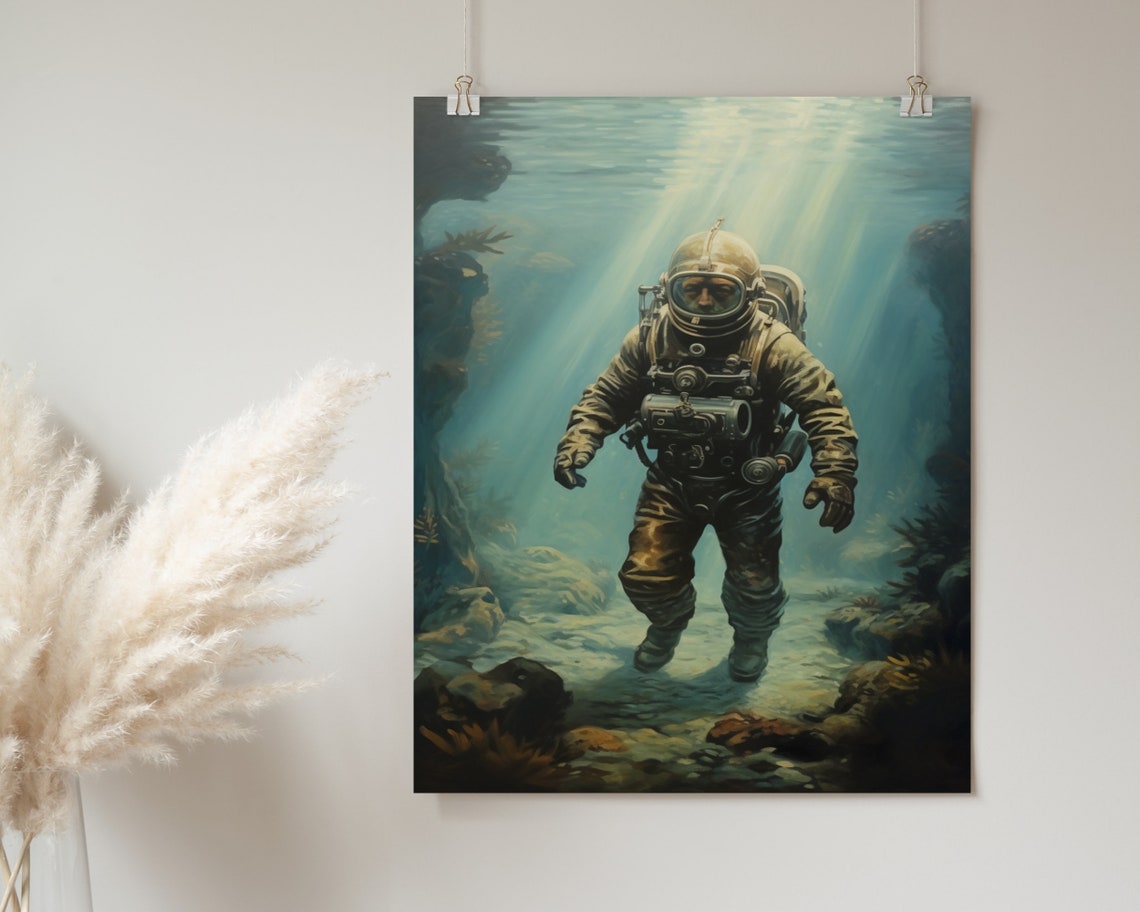 Vintage Deep Sea Diver Brass Helmet Underwater Painting Poster - Image 2