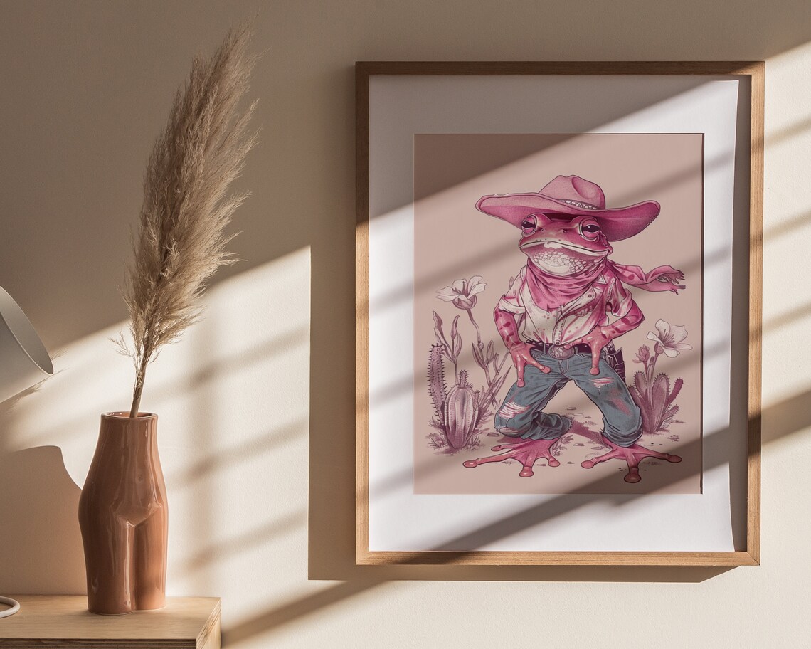 Pink Cowboy Frog Ripped Jeans Cactus Desert Scene Western Art Poster - Image 4