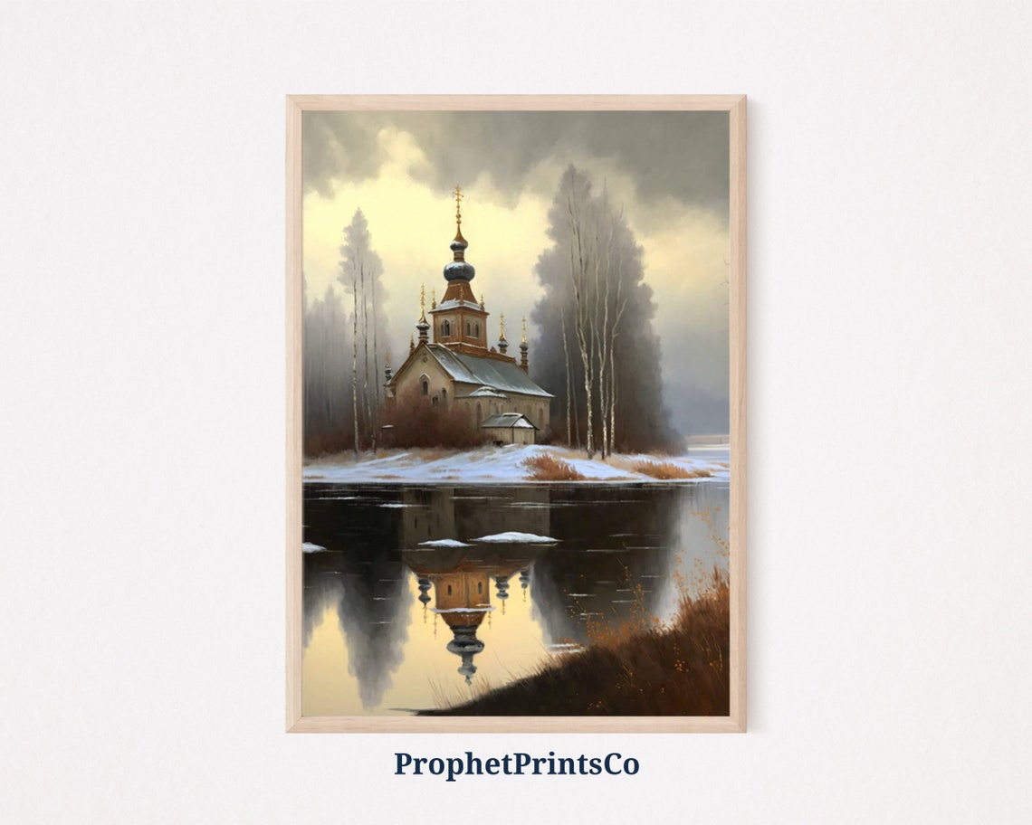 Orthodox Church Onion Dome Snowy Birch Winter River Art Poster
