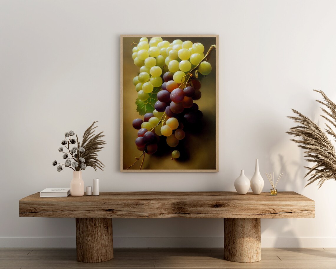 Green and Purple Grape Clusters Still Life Oil Painting Vintage Style Poster - Image 3