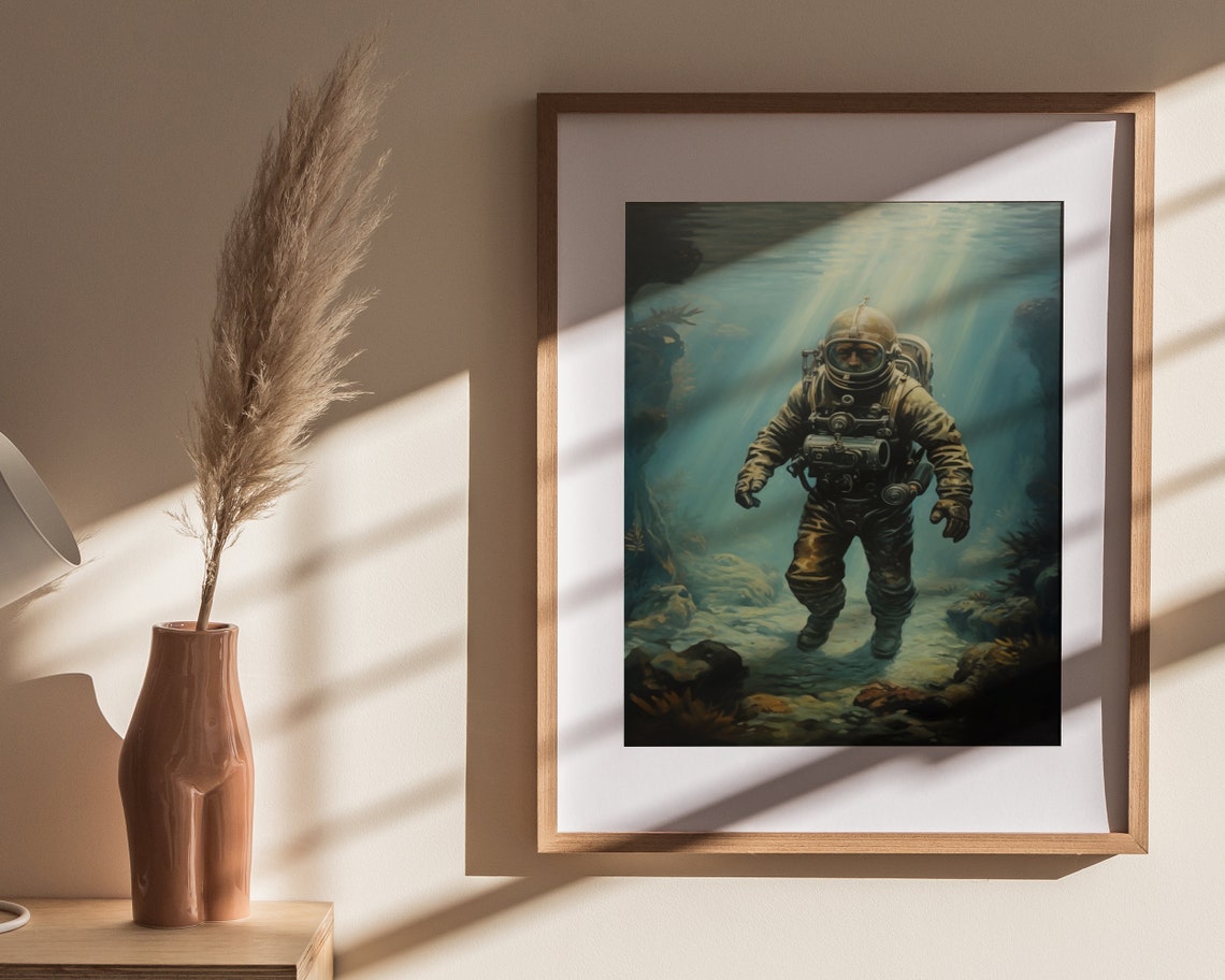 Vintage Deep Sea Diver Brass Helmet Underwater Painting Poster - Image 4