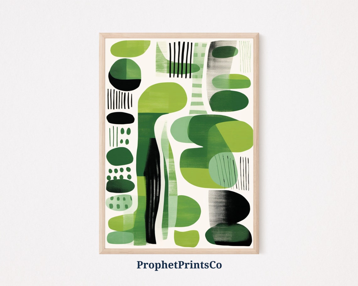 Green Abstract Boho Organic Shapes With Black Line Art Poster