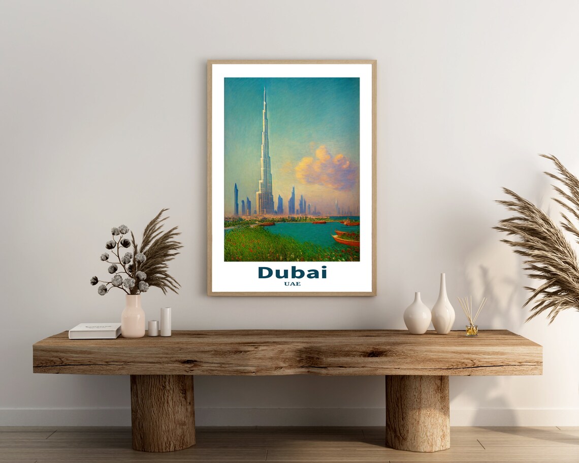 Dubai UAE Burj Khalifa Over Water Boats Impressionist Travel Poster - Image 3