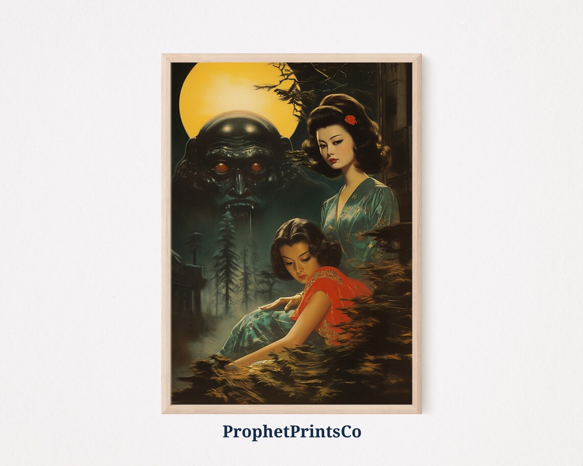 Vintage Japanese Horror Two Women Moon Giant Shadow Monster Poster