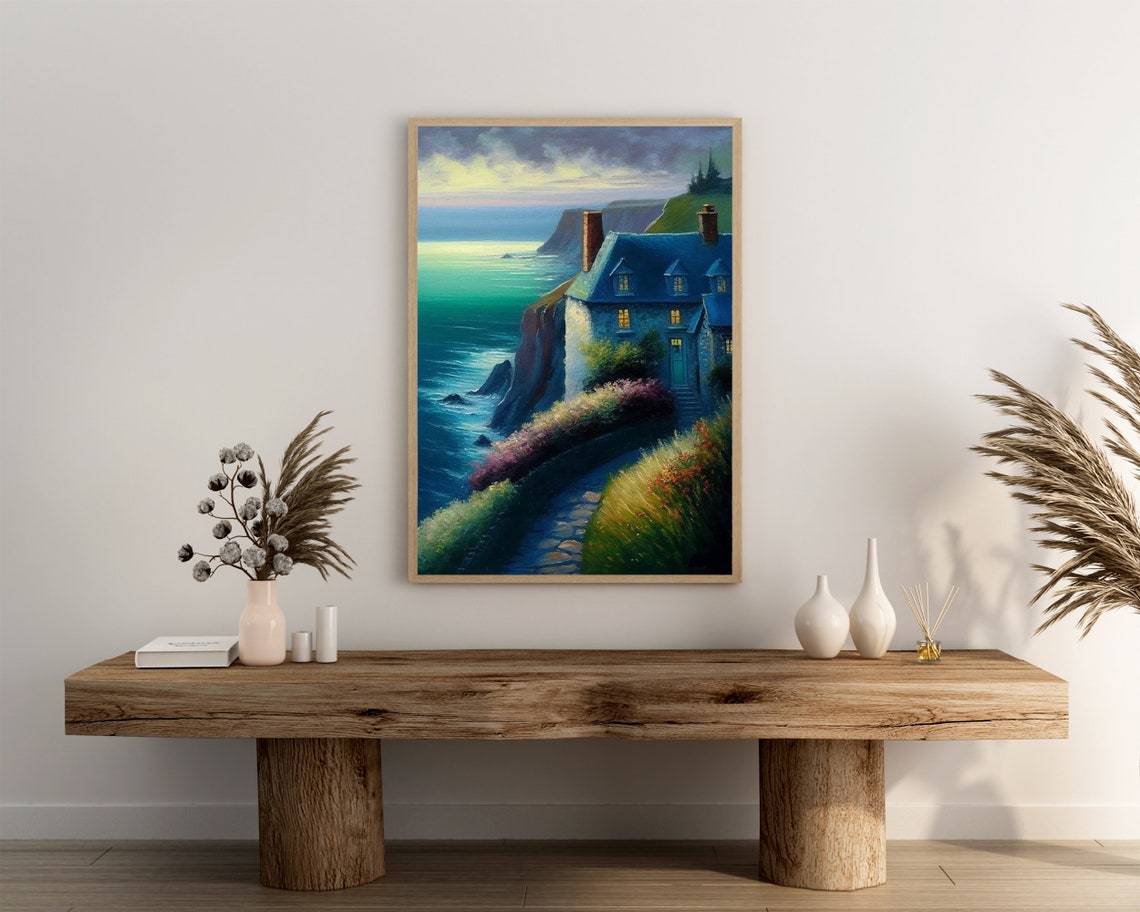 Blue Cottage on the Cliffs at Dusk with a Winding Path Poster - Image 3