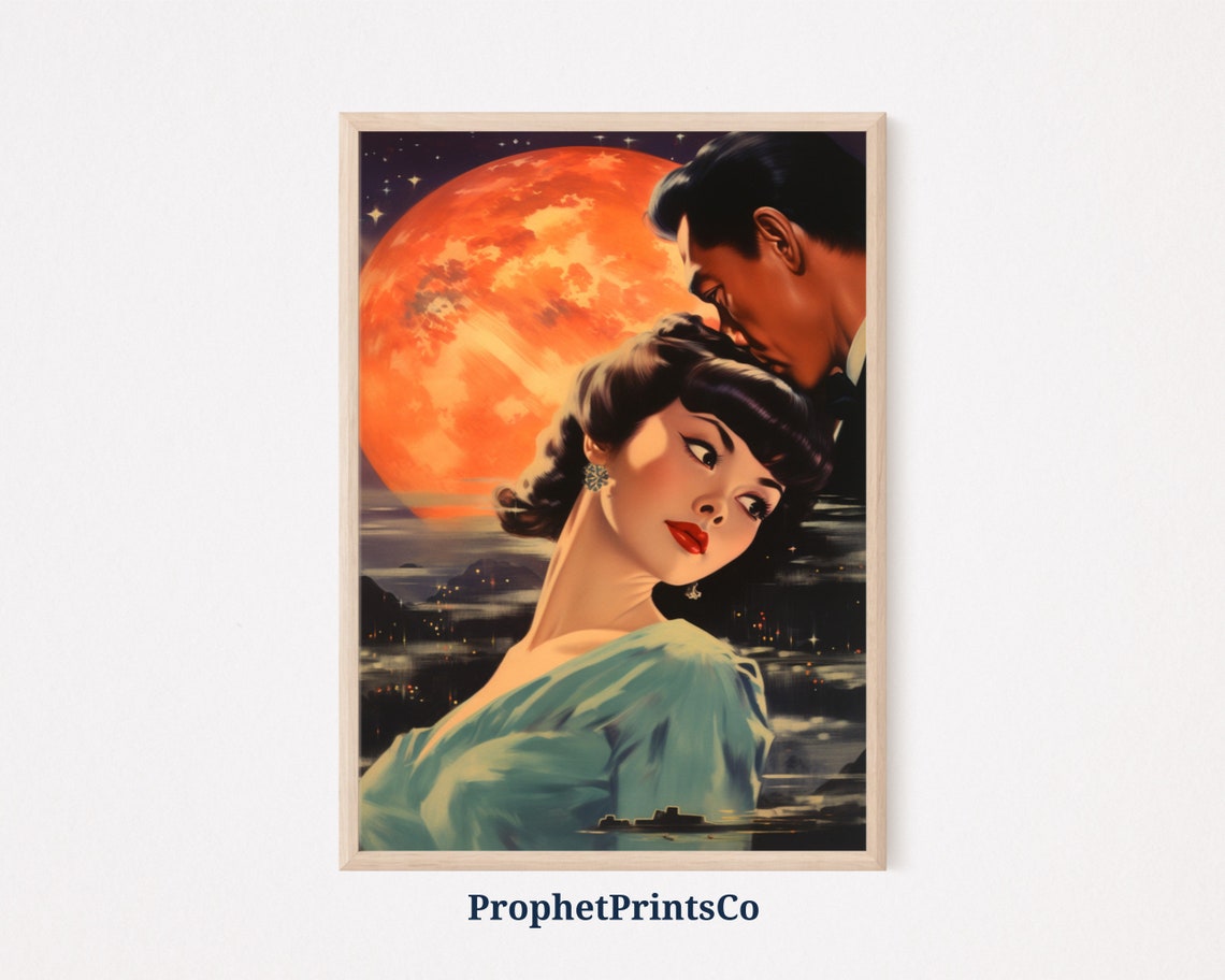 Retro Japanese Romance Couple Under Giant Red Moon Art Poster