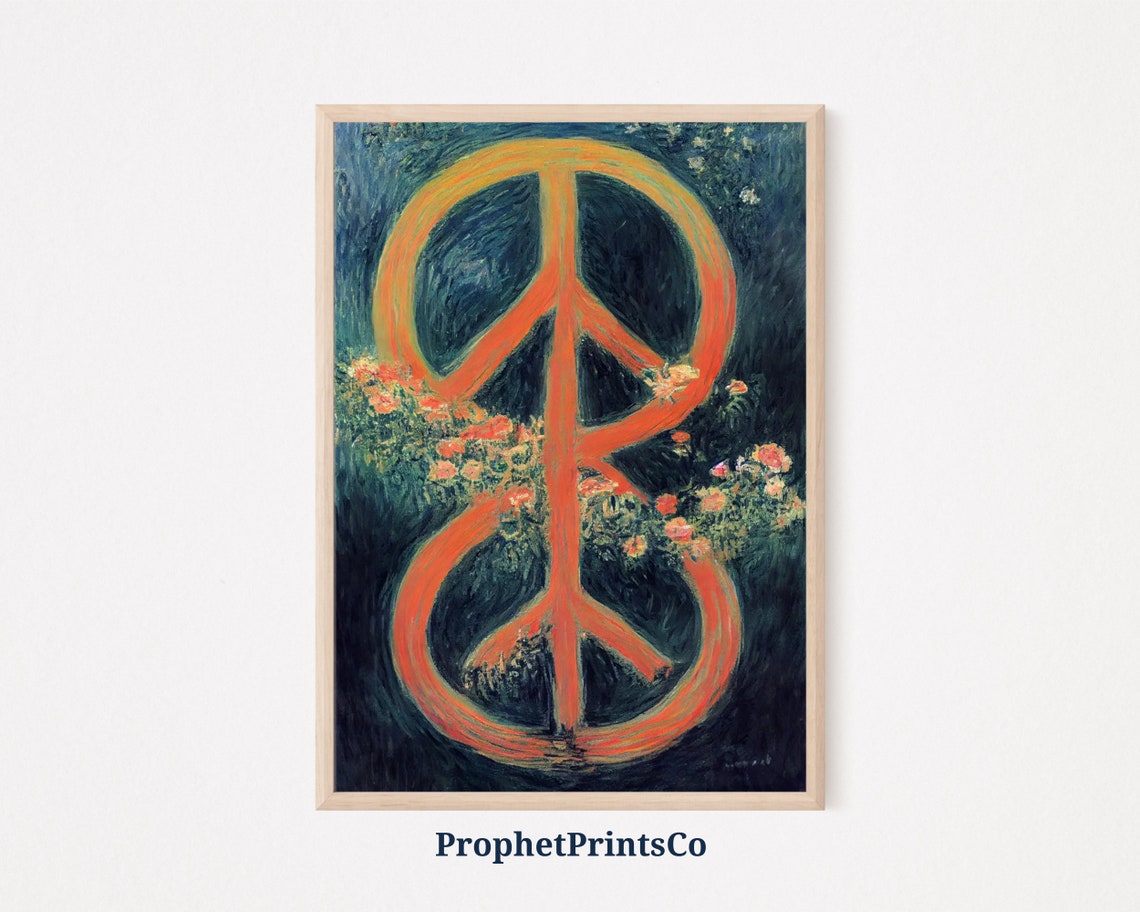Fiery Orange Peace Sign Blooming Flowers Dark Night Oil Art Poster