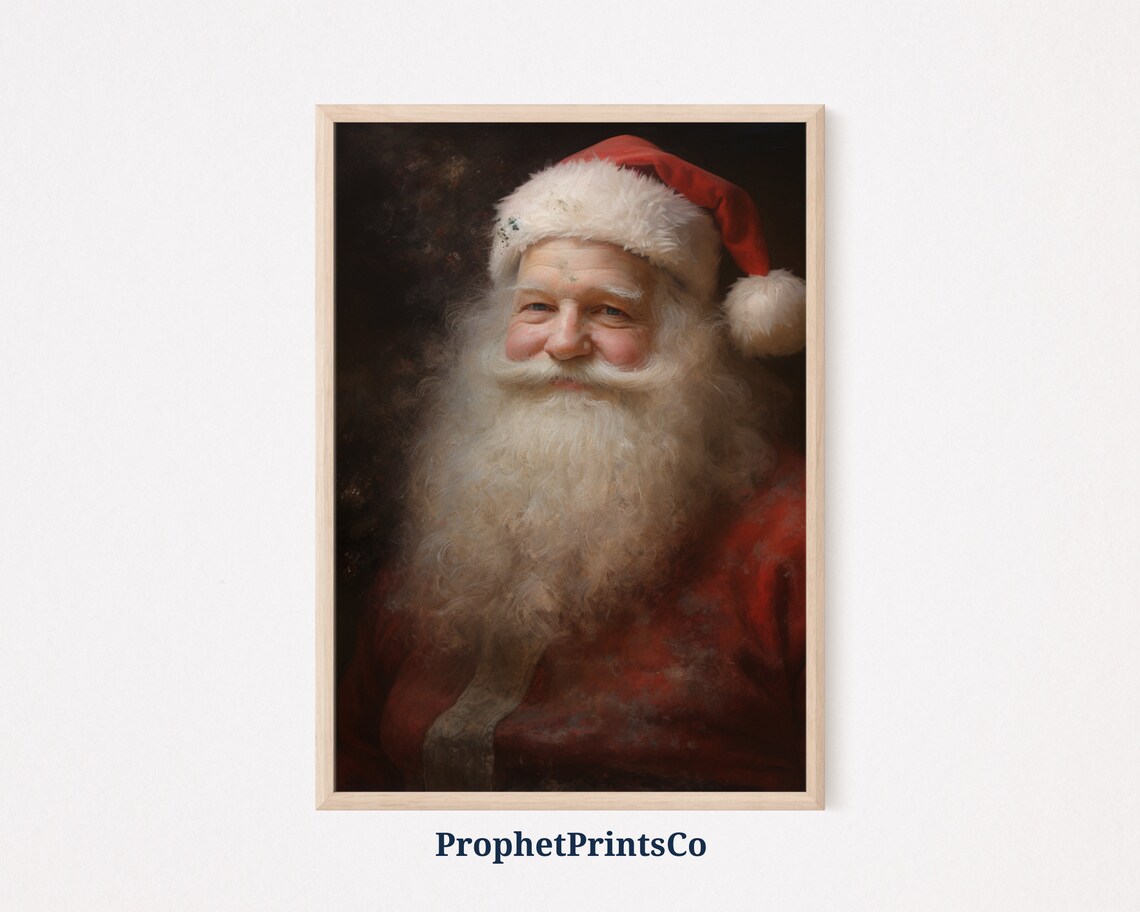 Classic Santa Claus Portrait with White Beard Vintage Christmas Oil Painting Poster