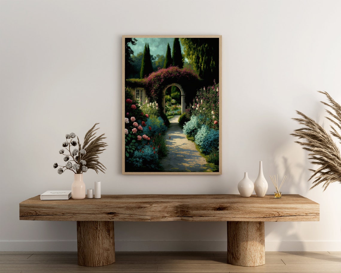 Rose Arch Garden Poster Cypress Lined Path with Blooming Flower Design - Image 3