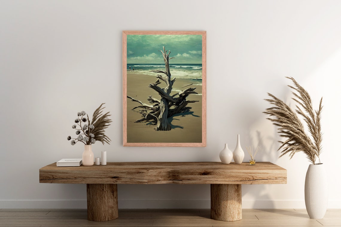 Driftwood Tree on Sandy Beach Ocean Waves Coastal Oil Art Poster - Image 2