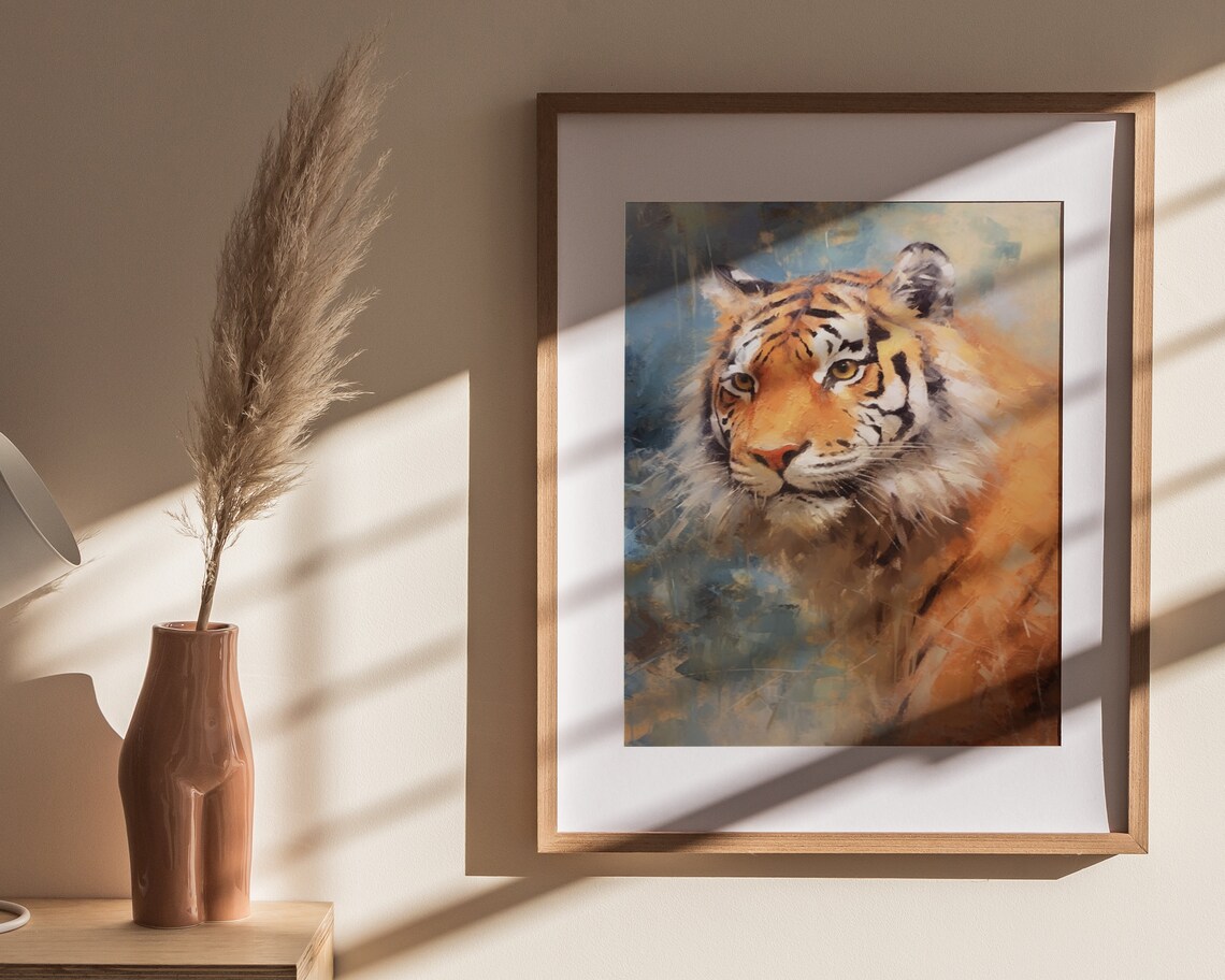 Tiger Portrait Blue Grey Background Expressive Oil Painting Poster - Image 4