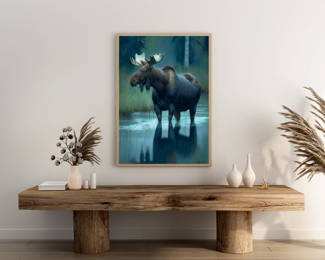 Bull Moose Wading in a Dark Lake at Night Oil Painting Poster - Image 3