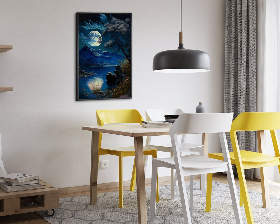 Serene Full Moon Rising Over Mountain Lake Blue Night Scene Poster - Image 2