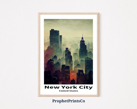 New York City Hazy Sunset Skyline Glowing Towers Travel Poster