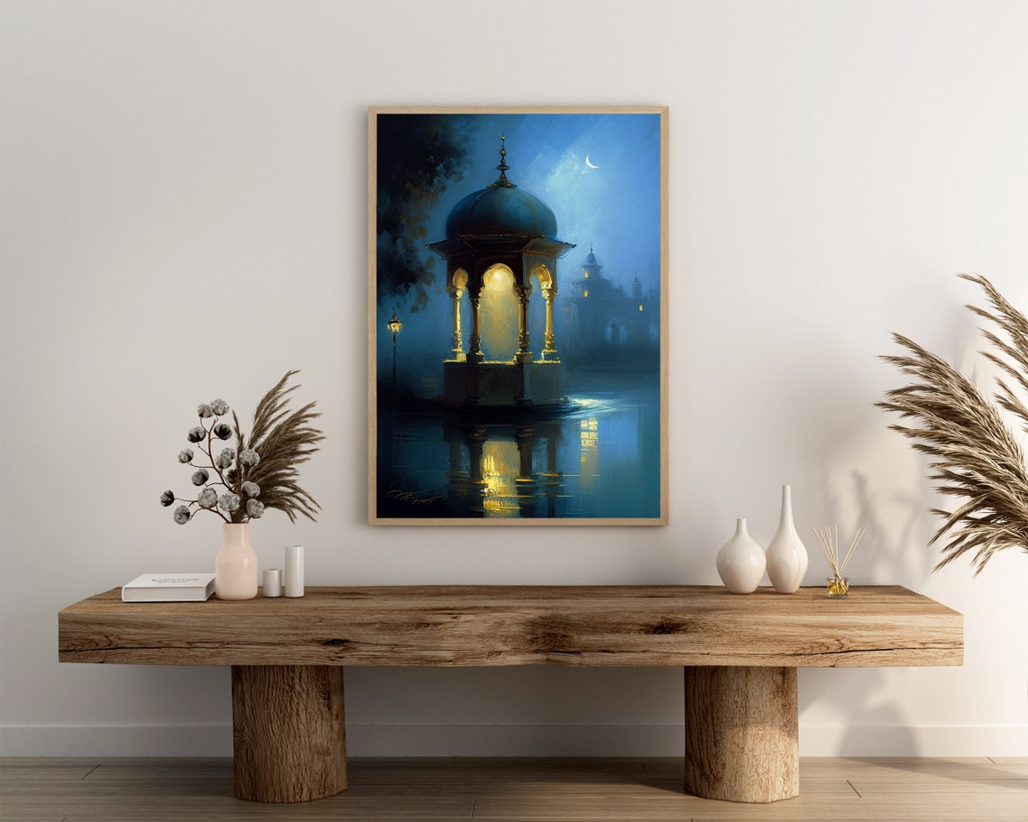Moonlit Domed Pavilion Over Water Islamic Night Painting Poster - Image 3