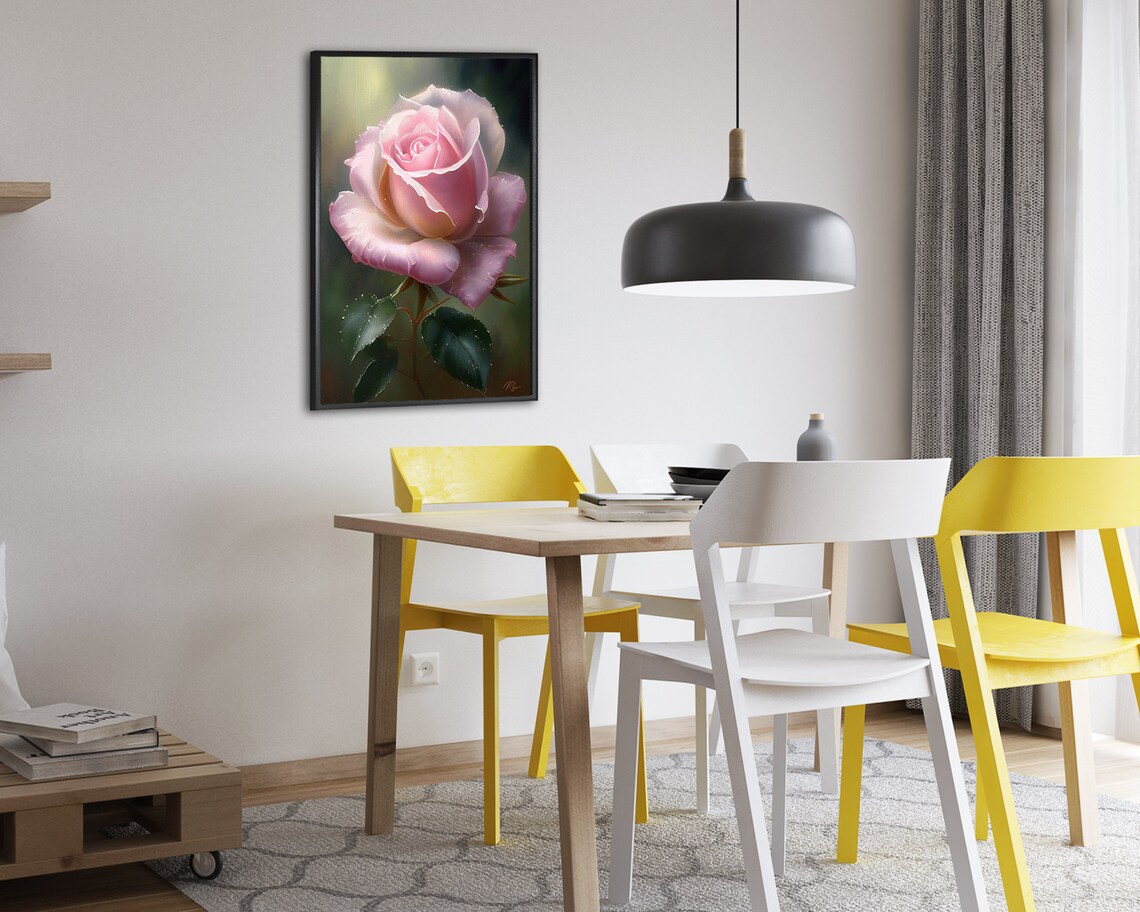 Beautiful Sunlit Pink Rose Bloom with Dewy Petals Oil Painting Poster - Image 2