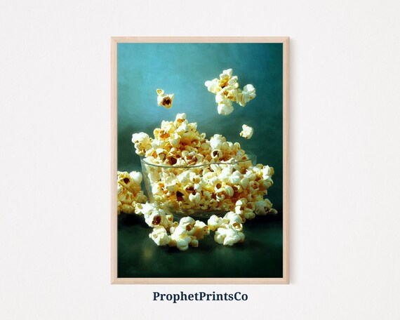 Buttered Popcorn Bowl Movie Night Kitchen Oil Painting Style Poster