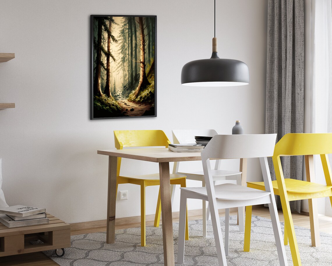 Tall Pine Forest Path In Soft Morning Light Woodland Painting Poster - Image 2