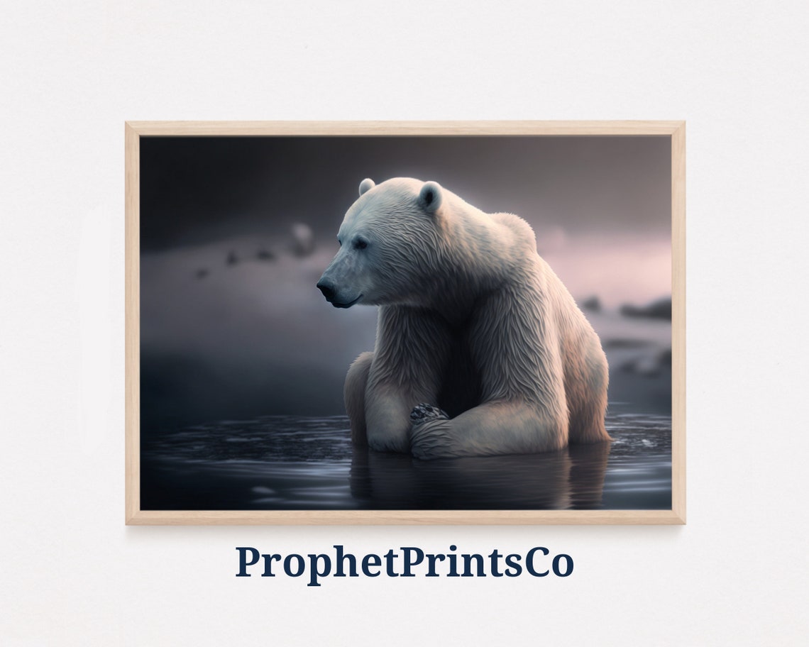 Moody Polar Bear Resting in Dark Arctic Water Wildlife Art Poster